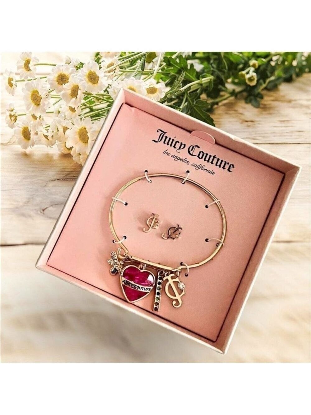 Juicy Couture Earrings and Bracelet Set Bee Pink Heart Rhinestone